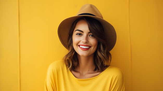 photo stylish redhaired woman posing in yellow dress with sleeves on yellow generated by AI