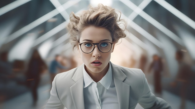 Photo of a stylish woman wearing glasses and a white jacket