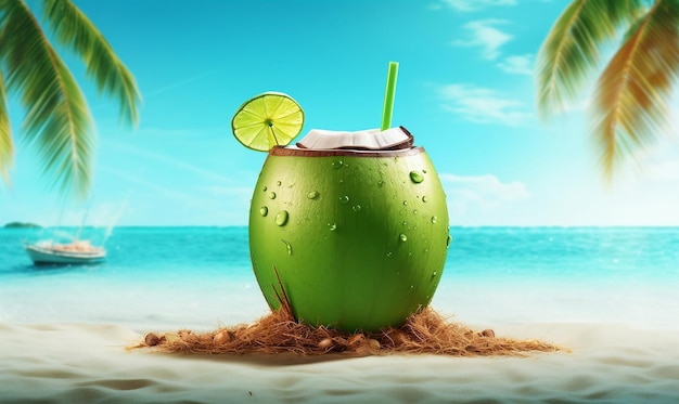 Photo of summer holiday at tropical island with delicious coconut on sand