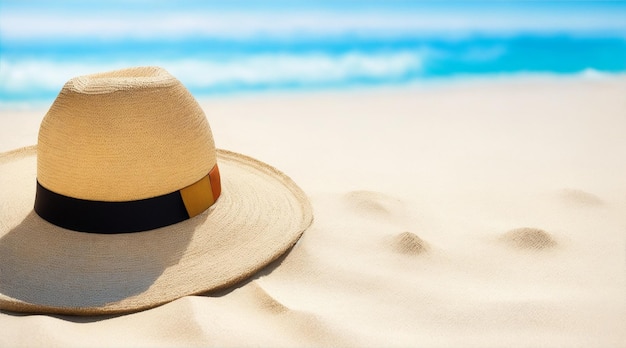 Photo summer straw hat on sand beach and blur effect by Generative AI