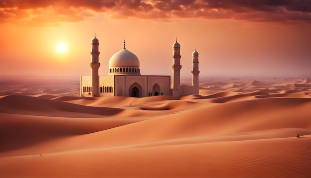 photo sunset over desert with muslim mosque in the foreground