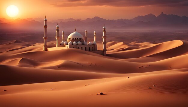 photo sunset over desert with muslim mosque in the foreground