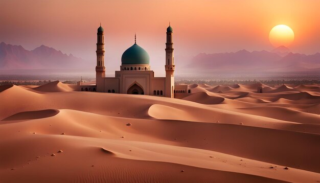 photo sunset over desert with muslim mosque in the foreground