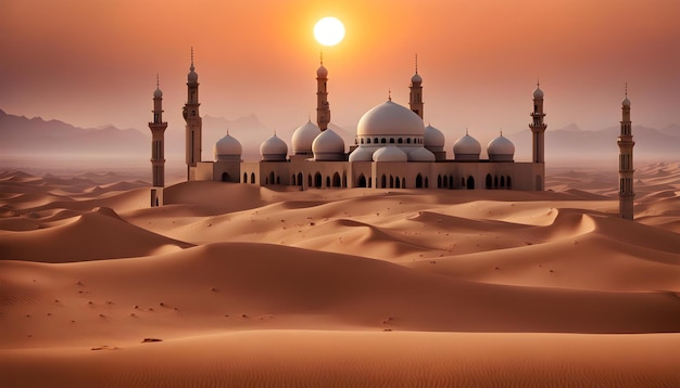 photo sunset over desert with muslim mosque in the foreground