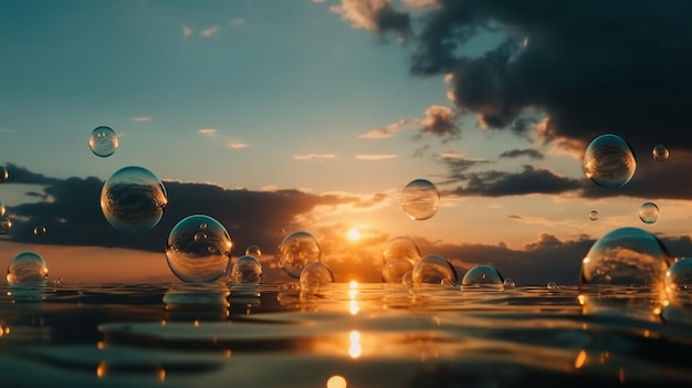 A photo of a sunset with bubbles floating in the water