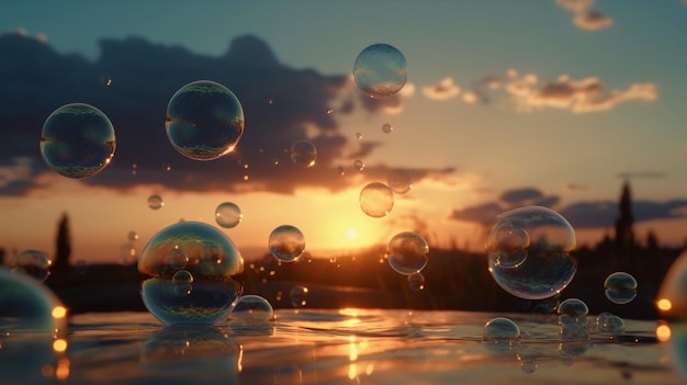 A photo of a sunset with bubbles in the water