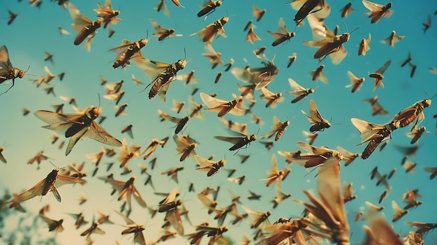 Photo photo of swarm of locust shot direction above pose flying together time of day midday national