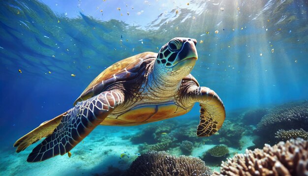 photo Swimming slow Hawksbill turtle below Maui reef generated by AI