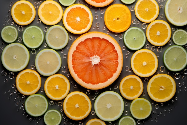 Photo photo of a symmetrical layout of sliced citrus fruits floating in a symphony of milk generative ai