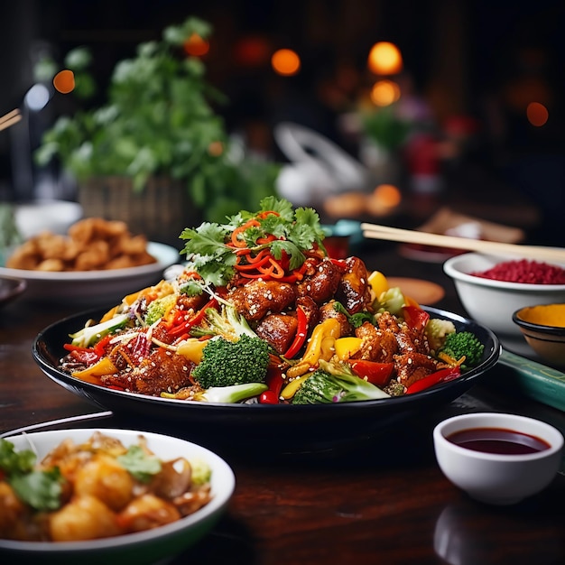 a photo of a table with delicious Asian food in a Asia restaurant