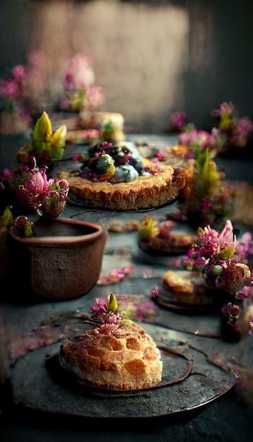 A photo of a table with a tart and flowers