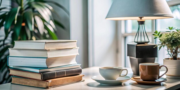 Photo a photo of a table with three artificial objects a stack of books a table lamp and a cup