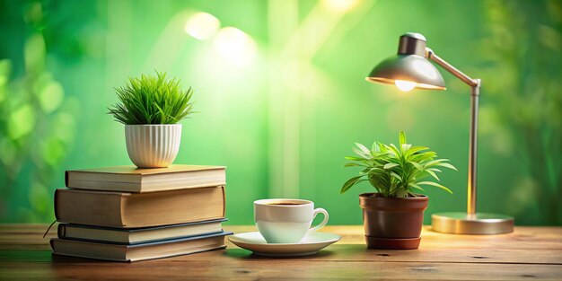 Photo a photo of a table with three artificial objects a stack of books a table lamp and a cup