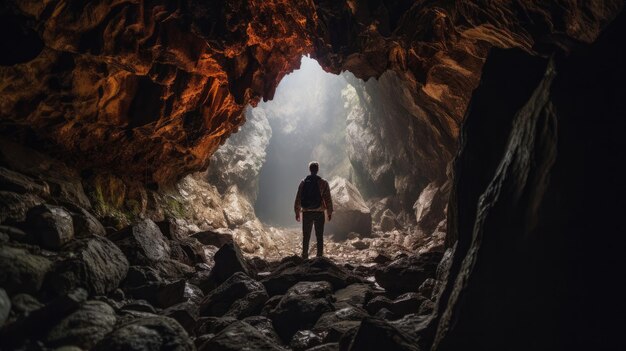 Photo a photo taken from inside of a cave of a man standing in front of the entrance to the cave