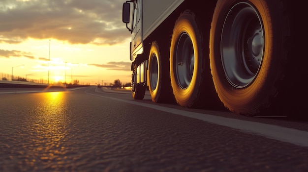 Photo photo taken at low angle of a gray cargo semi truck driving on an asphalt road during the summer season surrounded by meadows