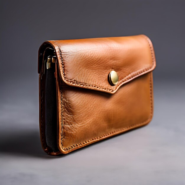 Photo of a tan leather mens wallet with a slim profile on a grey background