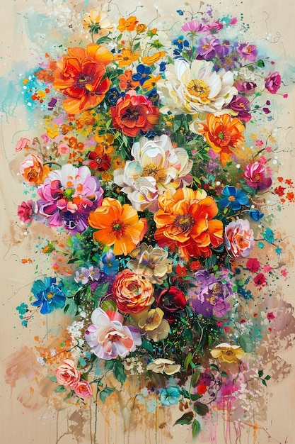 Photo of a Tapestry of Colorful Flowers Spread on a Beige Background in Nature Palette