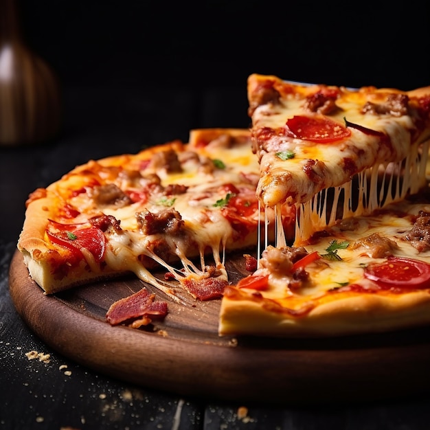 Photo of tasty cheesy pizza filled with tomatoes salami cheese and olives