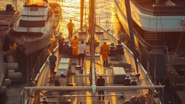 a photo of team work of a Yacht crew assemble on deck