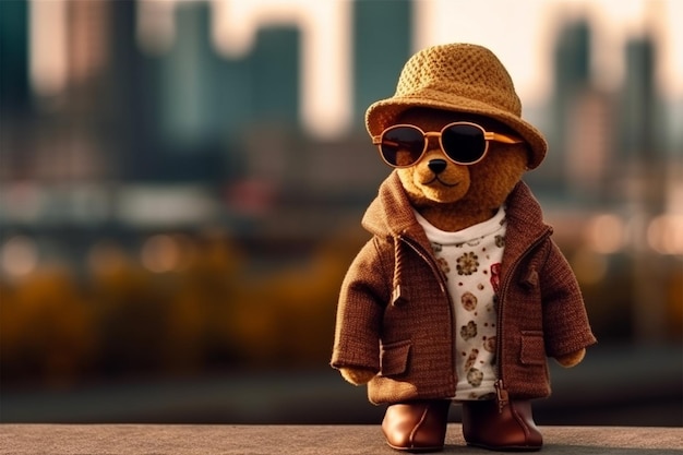 Photo teddy bear in fancy sunglasses against the backdrop of a modern city teddy bear in a jacket an