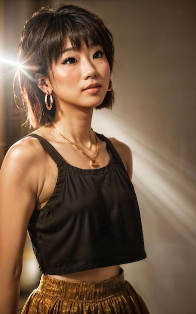 Photo of teenage playful asian woman with accessories and mullet hairstyle generative AI