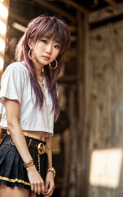 Photo of teenage playful asian woman with accessories and mullet hairstyle generative AI