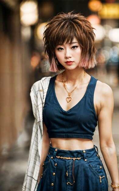 Photo of teenage playful asian woman with accessories and mullet hairstyle generative AI