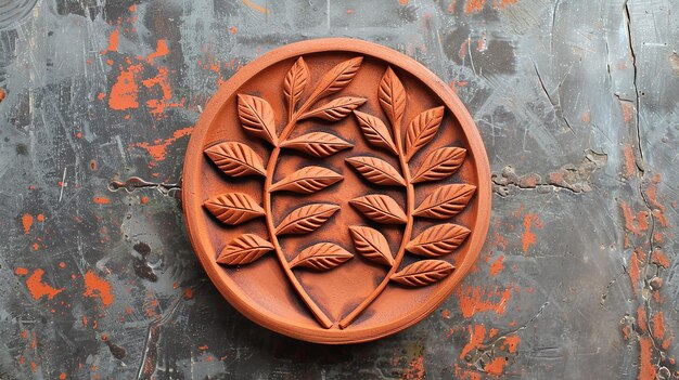 Photo photo of a terracotta clay plate with a leaf on it is made by hand