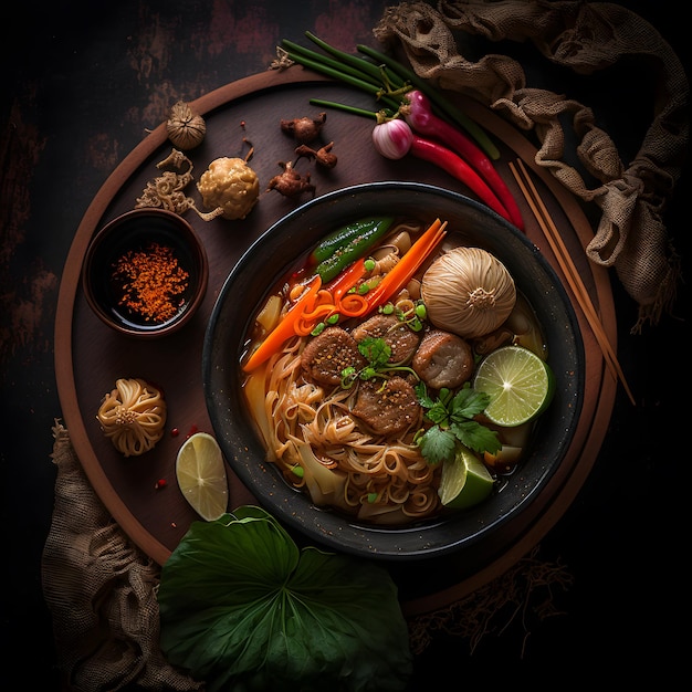 photo thai food, noodles with pork, meatball and vegetable food photography