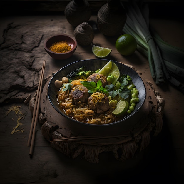 photo thai food, noodles with pork, meatball and vegetable food photography