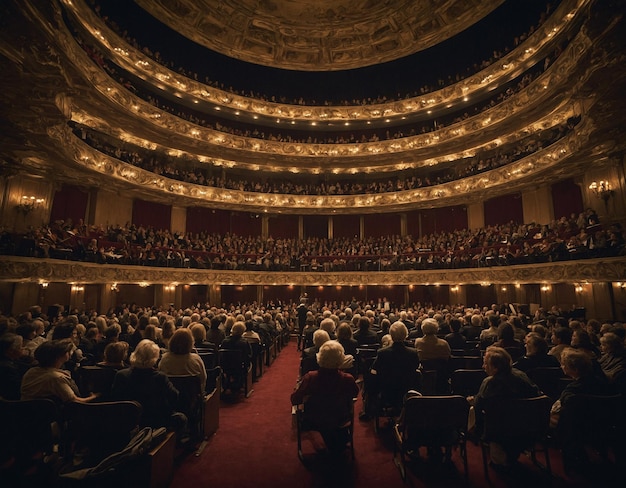 a photo of a theatre with a large audience in the back