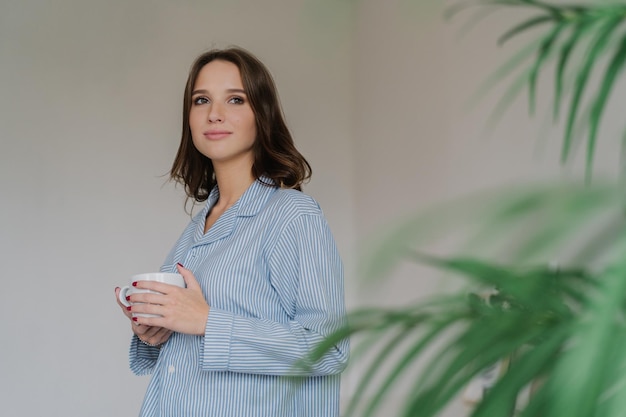 Photo of thoughtful young woman with dark hair appealing appearance warms with hot beverage dressed in domestic costume poses indoor near green plant blank space for your advertisement