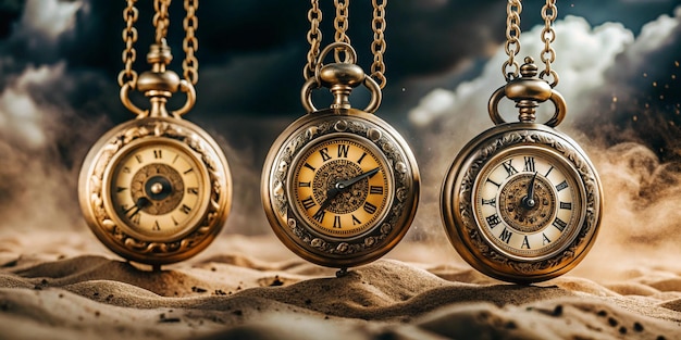 A photo of three antique pocket watches hanging from chains against a background of stormy clouds