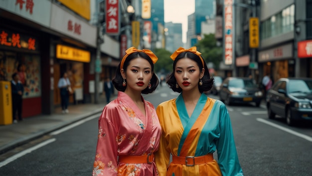 A photo of three Asian models posing in retro outfits