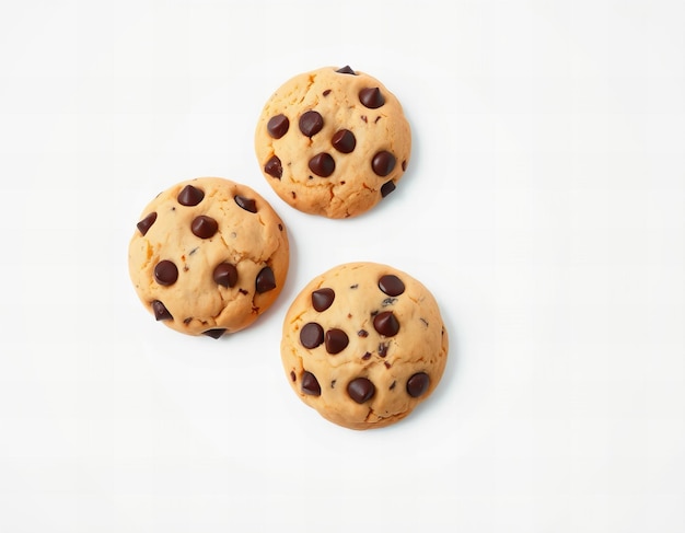 Photo photo three chocolate chip cookies on a white background isolated