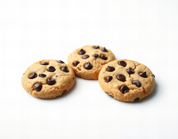 Photo photo three chocolate chip cookies on a white background isolated