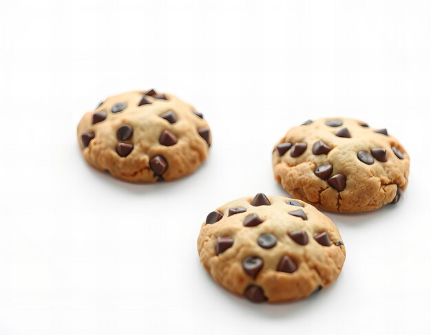 Photo photo three chocolate chip cookies on a white background isolated