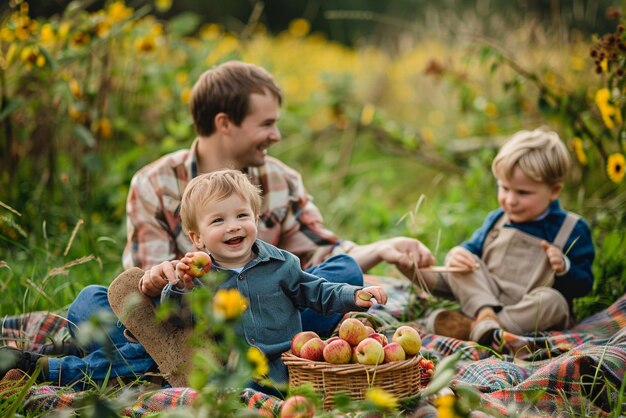 Photo three little boys picnicking with their parents