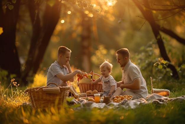 Photo three little boys picnicking with their parents