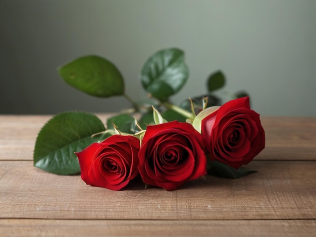 Photo three red roses on a table with green leaves