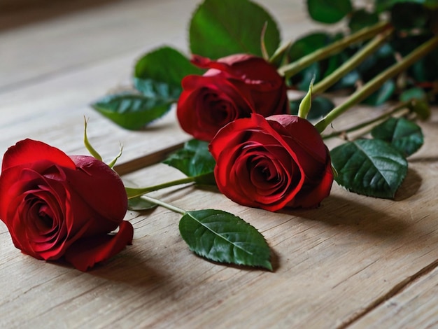 Photo three red roses on a table with green leaves