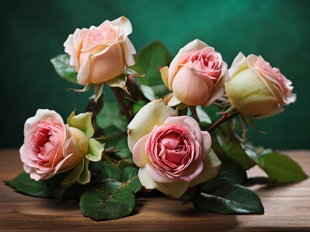 Photo three red roses on a table with green leaves