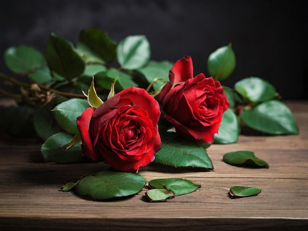 Photo three red roses on a table with green leaves