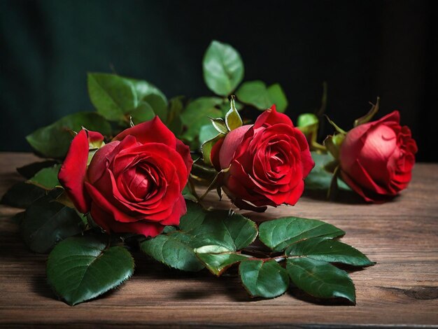 Photo three red roses on a table with green leaves