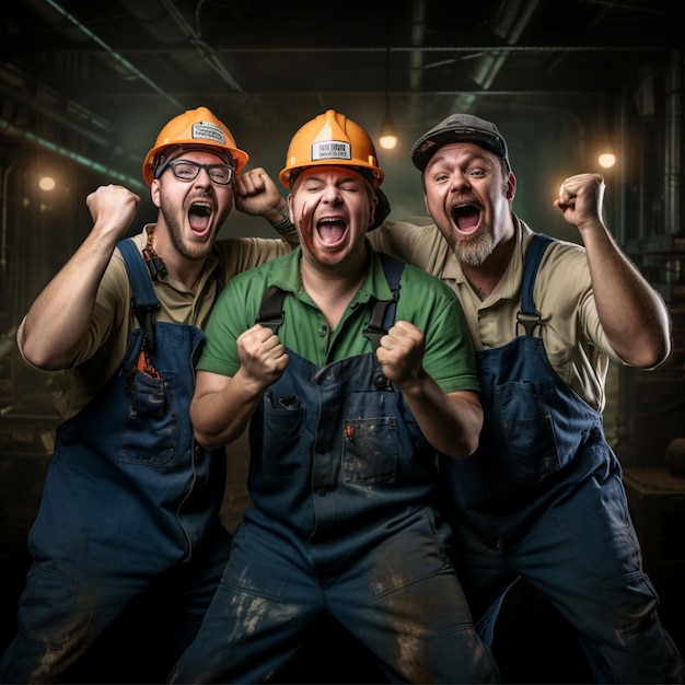 photo of three workers in various poses using complete attributes with expressions full of enthusias