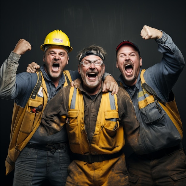 photo of three workers in various poses using complete attributes with expressions full of enthusias