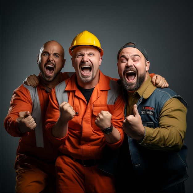 photo of three workers in various poses using complete attributes with expressions full of enthusias