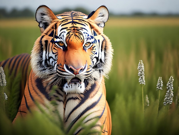 Photo a tiger in a field with a jungle and mountains background with DSLR Camera