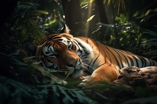 Photo of a tiger sleeping in the forest