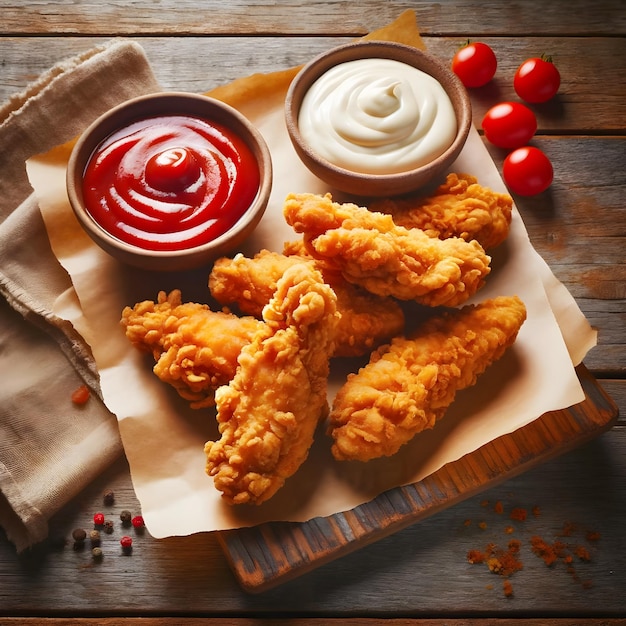 A photo of tomato sauce and crispy fried chicken on a platter 1